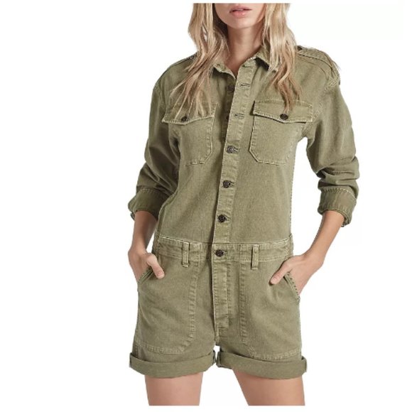 Current/Elliott Denim Crew Button Front Romper Military Green Size 2 6-8US - Picture 1 of 8